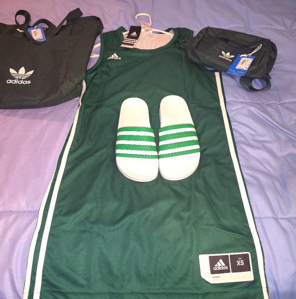 Adidas reversible dress matching purse,fanny pack and some matching green slides